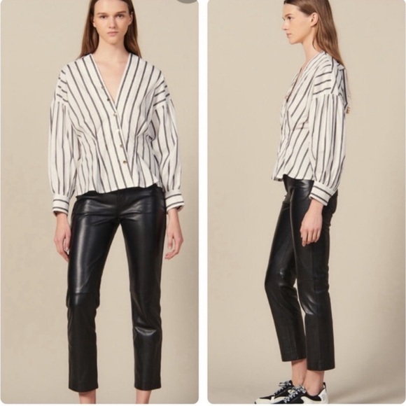 SANDRO Womens Naelle Striped Top White Black Long Sleeve Sz 4 - Picture 1 of 12